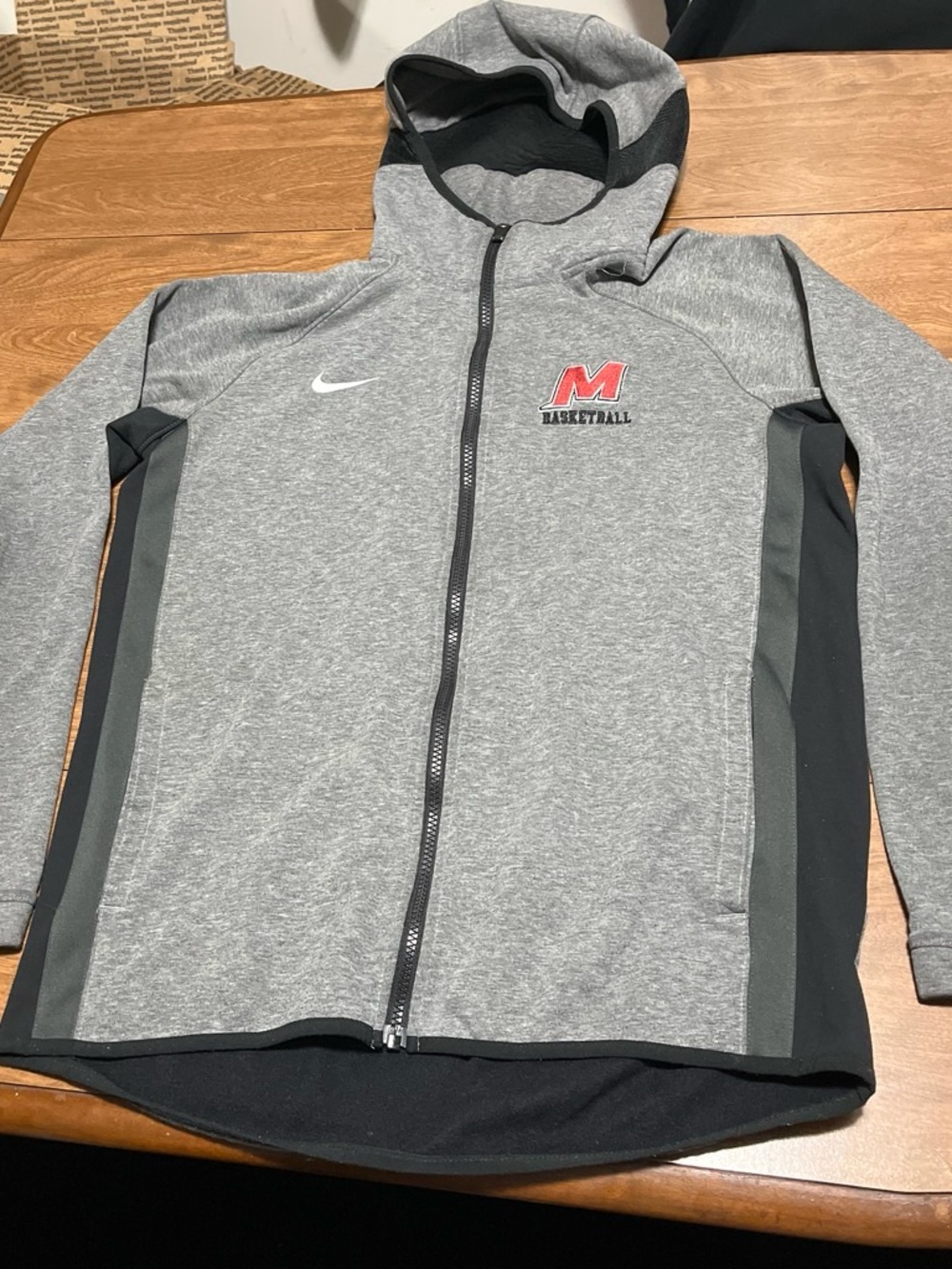 Nike Gray and Black Full-Zip Hoodie with Red M Basketball Logo